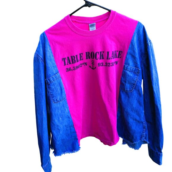 Reworked Denim Tshirt, Size M-L: Table Rock Lake Graphic Tee, Upcycled Oversized - Picture 1 of 8
